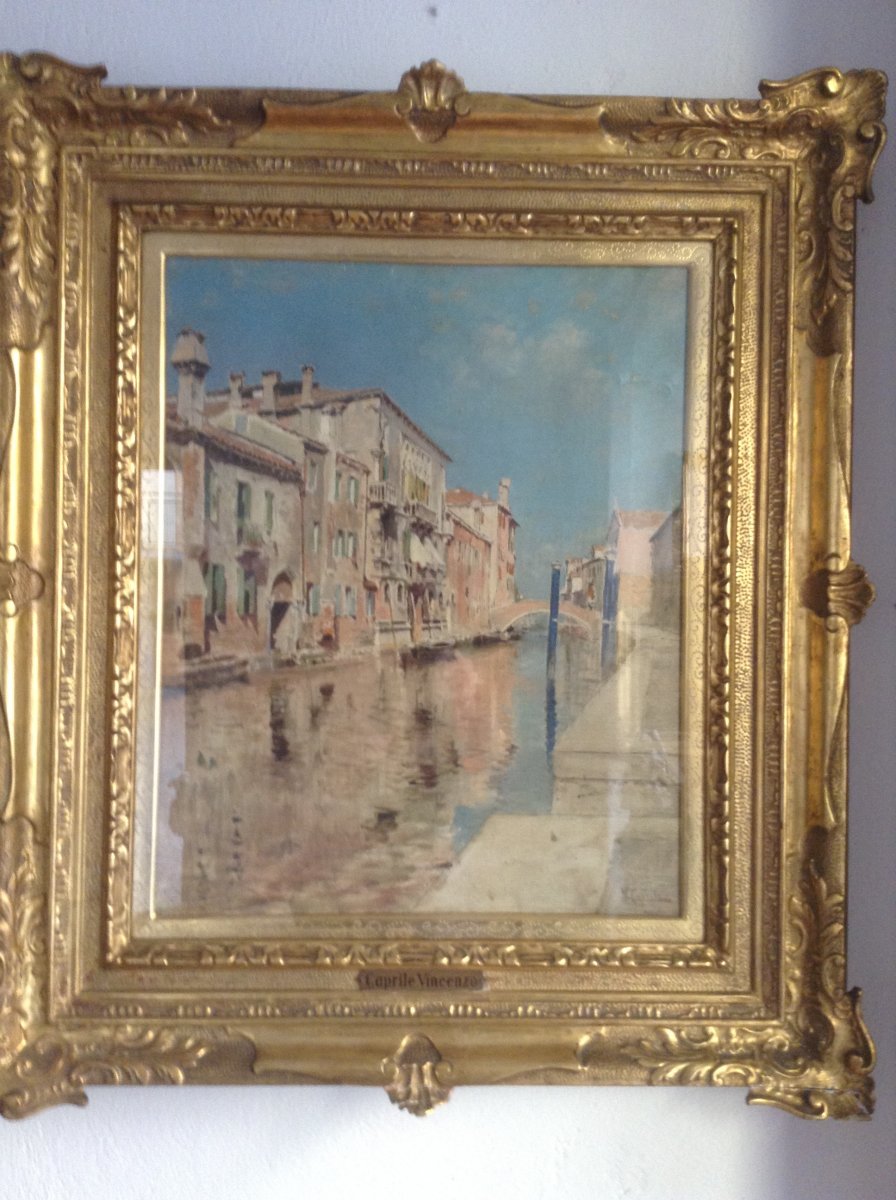 Oil On Canvas Venetian Canal: Artist Vincenzo Caprile (napoli 1856 - 1936)-photo-3