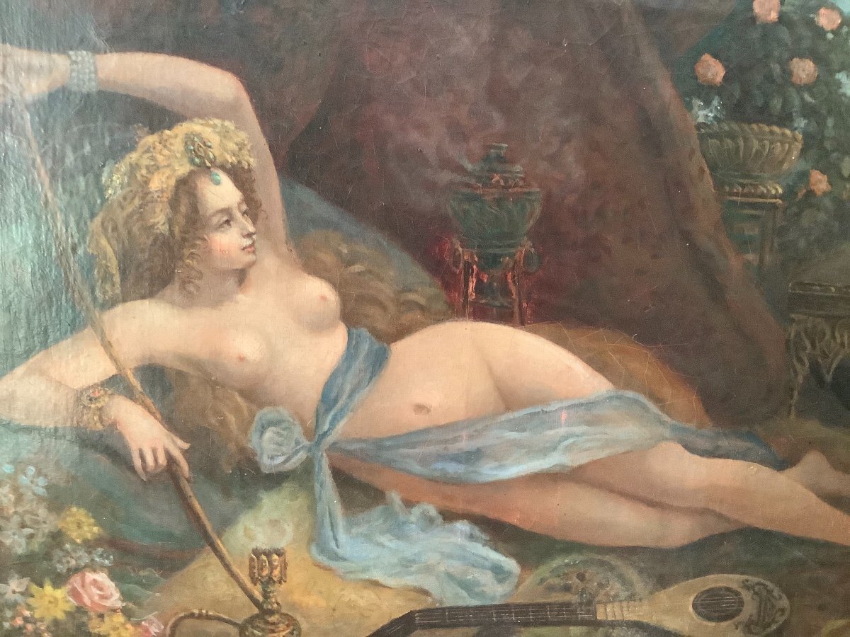 Huile Sur Toile Odalisque Avec Narghilè’ Ep 1850-photo-4