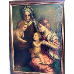 Huile Sur Toile Vierge A’ L’enfant Avec S Anna Et S Giovannino Ep  fin XIX siecle