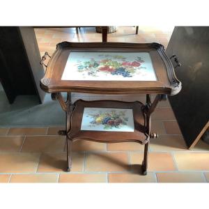 Wooden Coffee Table With Ep Painted Ceramic Tops From The Late 19 Th Century