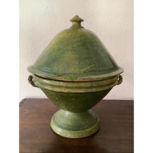 Large Green Glazed Ceramic Tureen With Handles And Lid Ep 20th Century