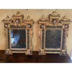 Pair Of Mirrors In Carved And Lacquered Gilded Wood With Mercury Mirro Ep 700