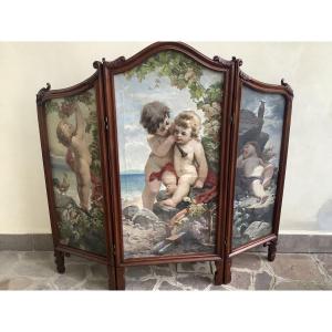 Paravent en bois, huile sur toile, representant des putti par Gustav Furst Ep 1893