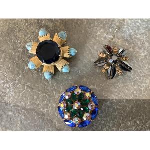 There Gold-platea Metal Pins With Crystals From 1960
