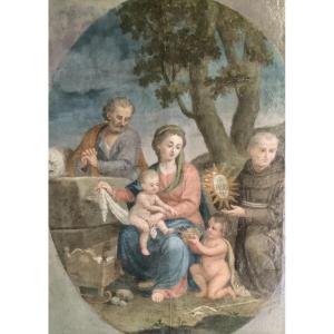 Oil On Canvas Depicting The Holy Family With Saints, Early 18 Th Century