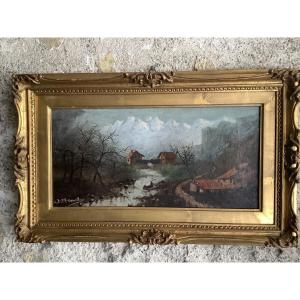 Huile sur toile,paysage de montagne avec maisons, fin du XIXe siecle’