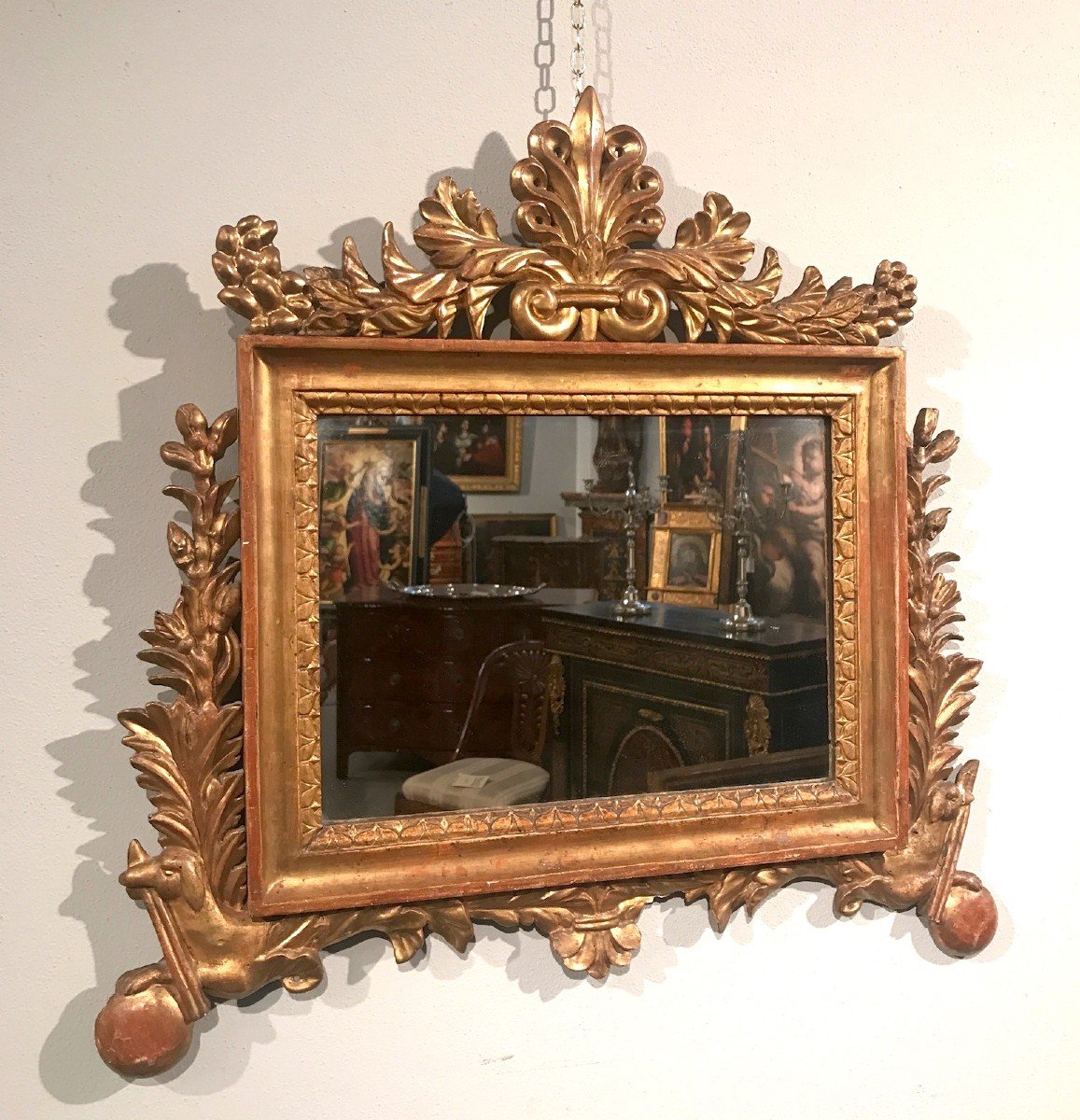 Miroir 'cartagloria' Néoclassique En Bois Sculpté Et Doré, 18ème Siècle