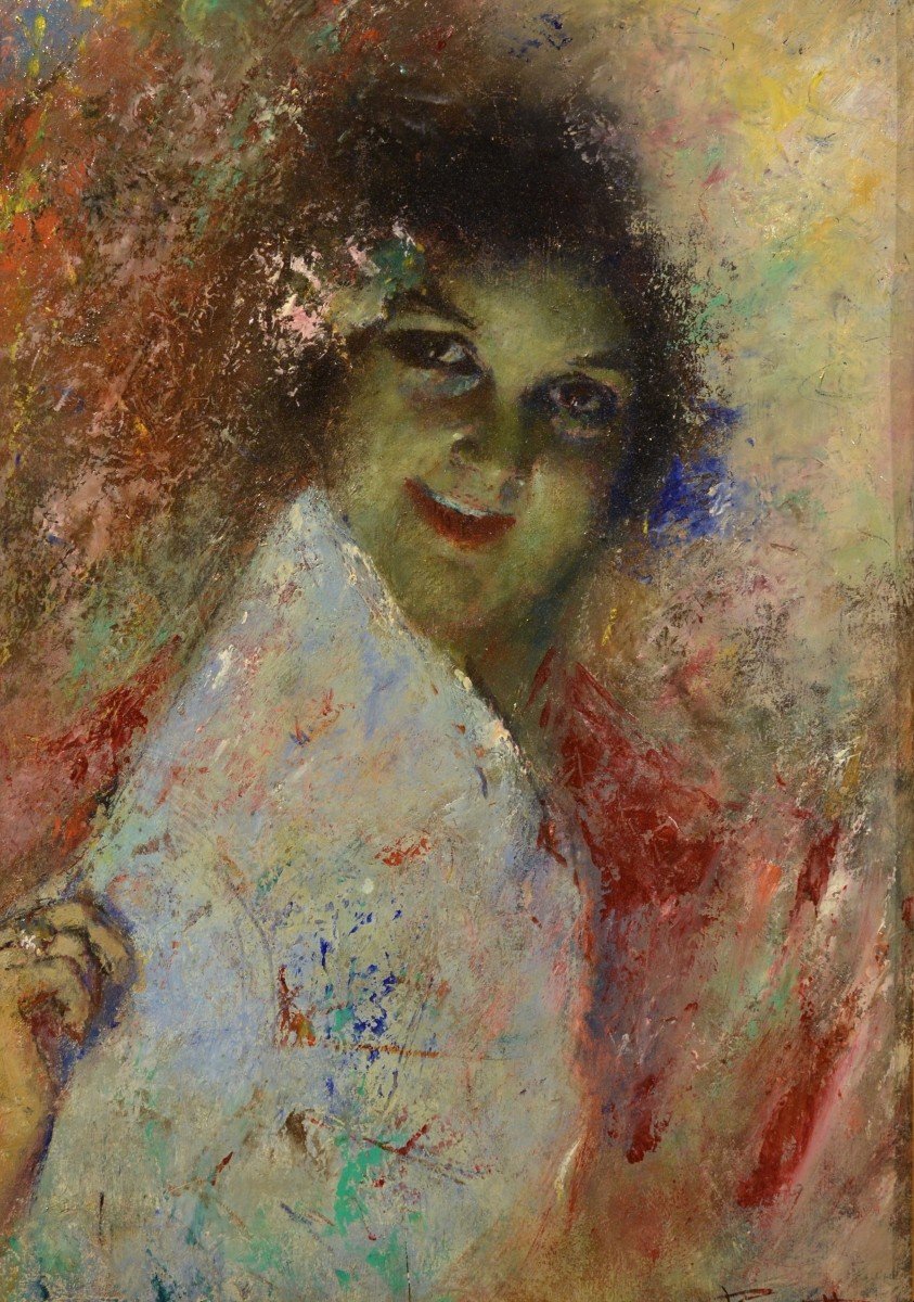 Portrait De Jeune Femme Avec Un éventail, Ecole Napolitaine Du XIXe Siècle-photo-2