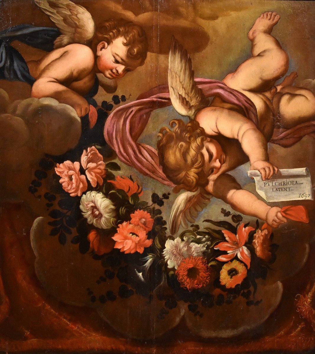 Pair Of Angels With Floral Garland, Carlo Maratta (camerano, 1625 - Rome, 1713) Workshop Of-photo-2