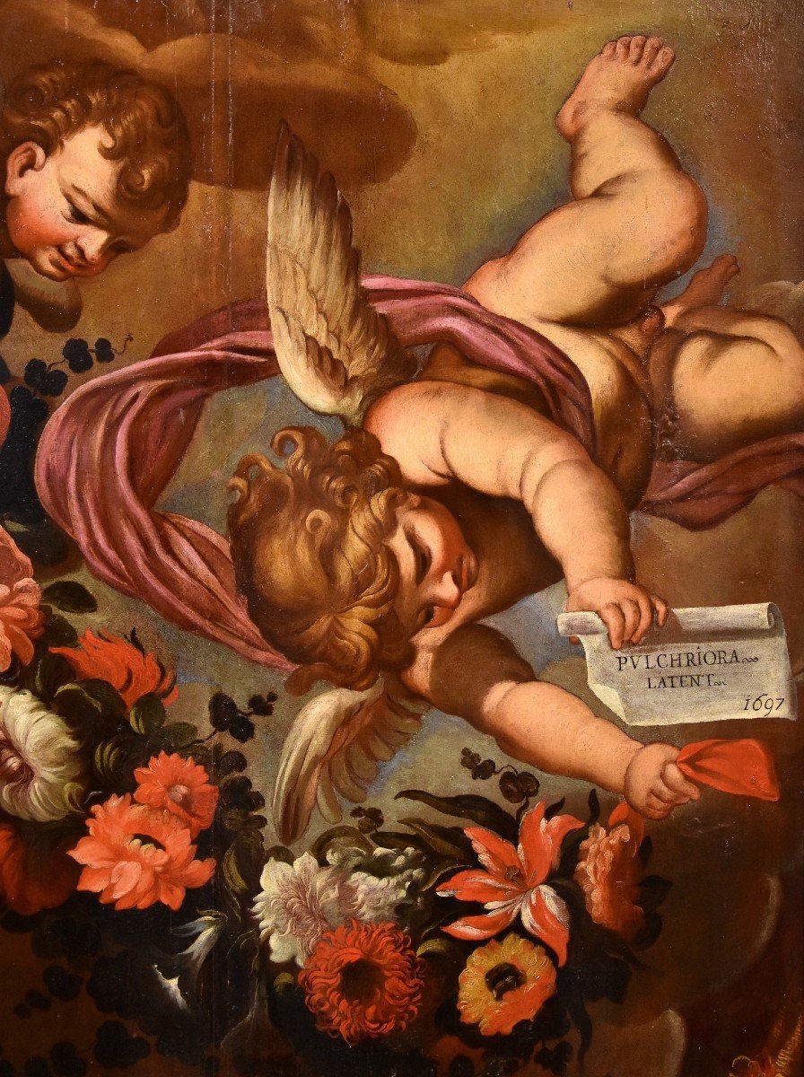 Paire d'Anges à Guirlande Florale, Carlo Maratta (camerano, 1625 - Rome, 1713) Atelier De-photo-3