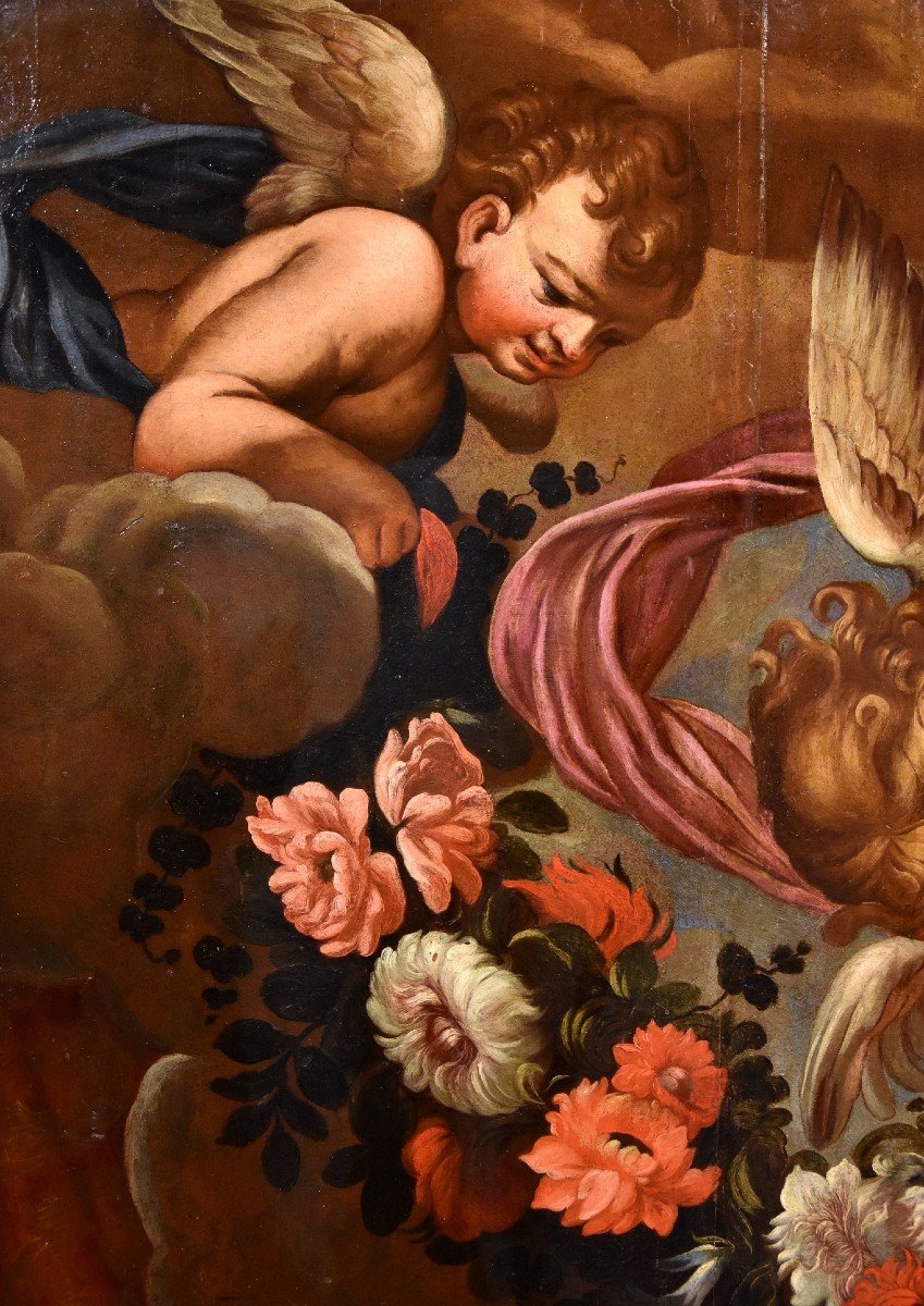 Paire d'Anges à Guirlande Florale, Carlo Maratta (camerano, 1625 - Rome, 1713) Atelier De-photo-4