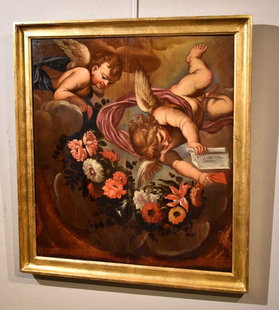Paire d'Anges à Guirlande Florale, Carlo Maratta (camerano, 1625 - Rome, 1713) Atelier De-photo-4