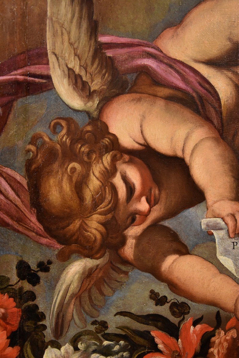 Paire d'Anges à Guirlande Florale, Carlo Maratta (camerano, 1625 - Rome, 1713) Atelier De-photo-5