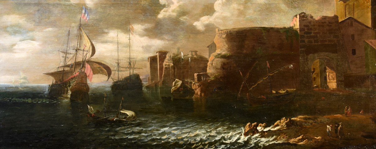 Coastal View With Boats And Figures, Francesco Antoniani (milan 1700/1710 - Turin 1775)-photo-4