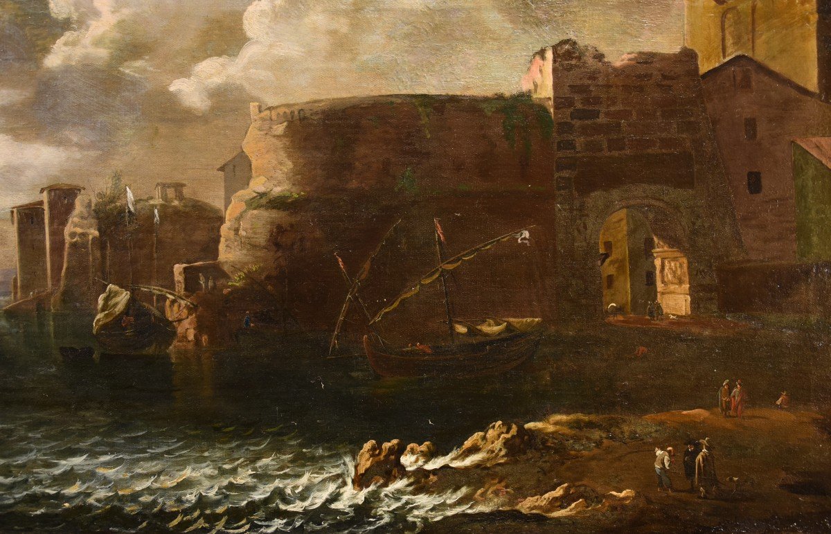 Coastal View With Boats And Figures, Francesco Antoniani (milan 1700/1710 - Turin 1775)-photo-4