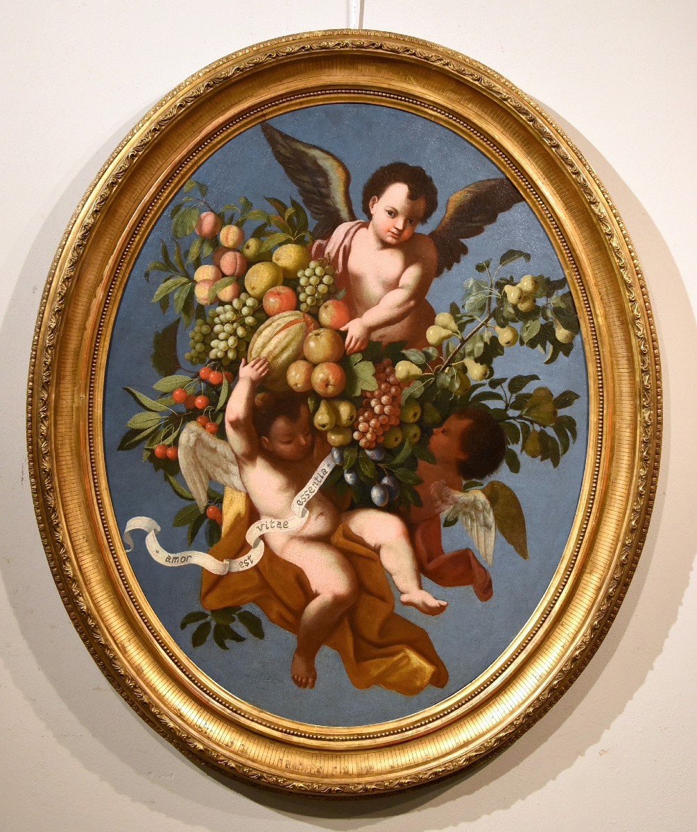 Trois Anges Tenant Une Composition De Fruits, Luigi Garzi (pistoia 1638 - Rome 1721) Attribué