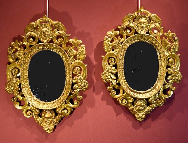 Pair Of Carved And Gilded Mirror Cabinets 'in The Manner Of Sansovino', Venice 18th Century