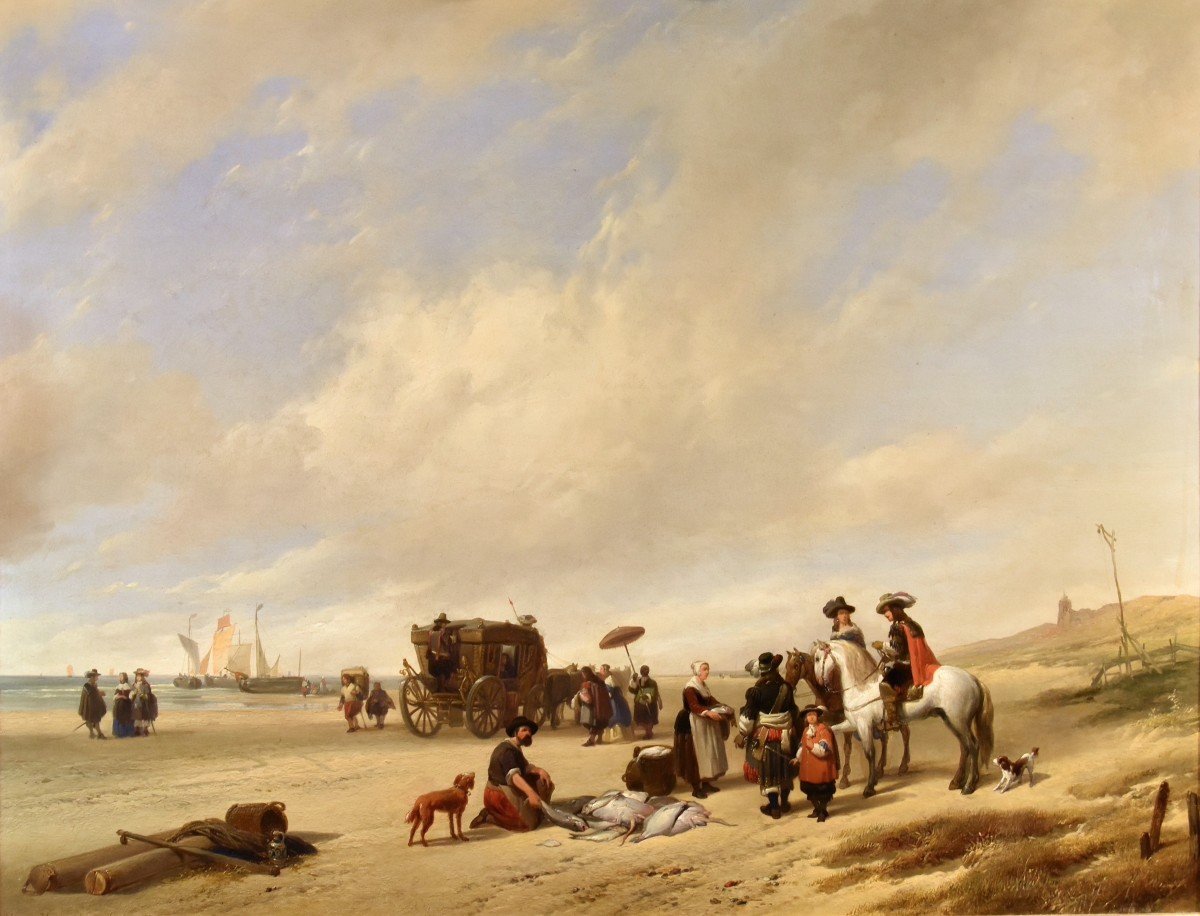 La Plage De Scheveningen, Hubertus Van Hove (la Haye, 1814 - Anvers, 1865) Signé-photo-2
