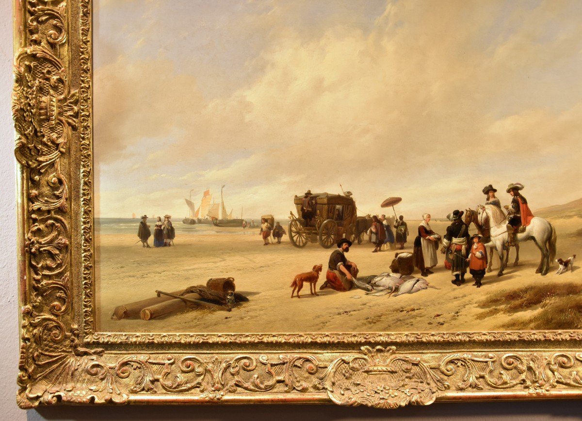 La Plage De Scheveningen, Hubertus Van Hove (la Haye, 1814 - Anvers, 1865) Signé-photo-1