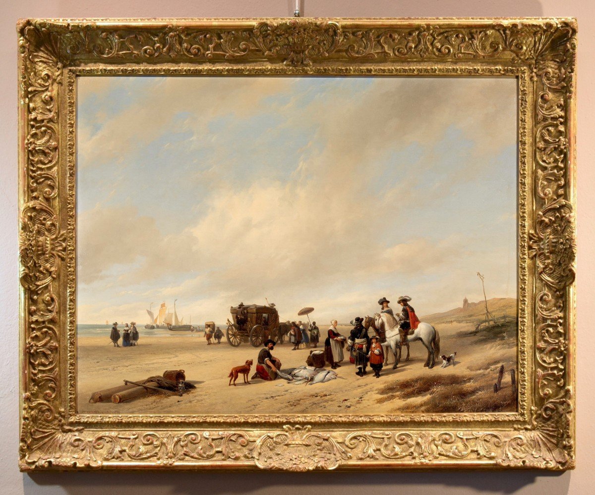 La Plage De Scheveningen, Hubertus Van Hove (la Haye, 1814 - Anvers, 1865) Signé