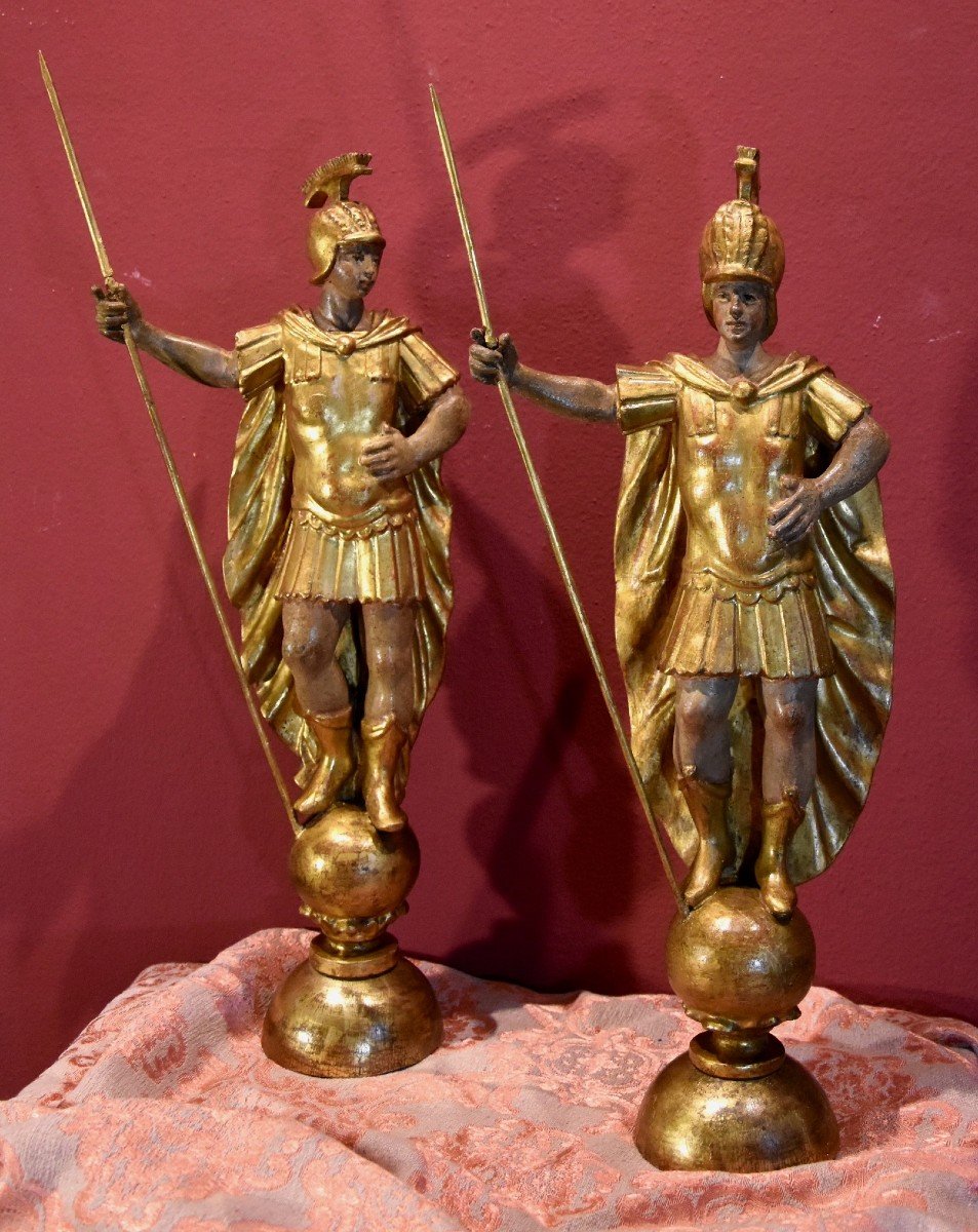 Wooden Sculptures Depicting A Pair Of Full-length Roman Soldiers, Rome, 18th Century