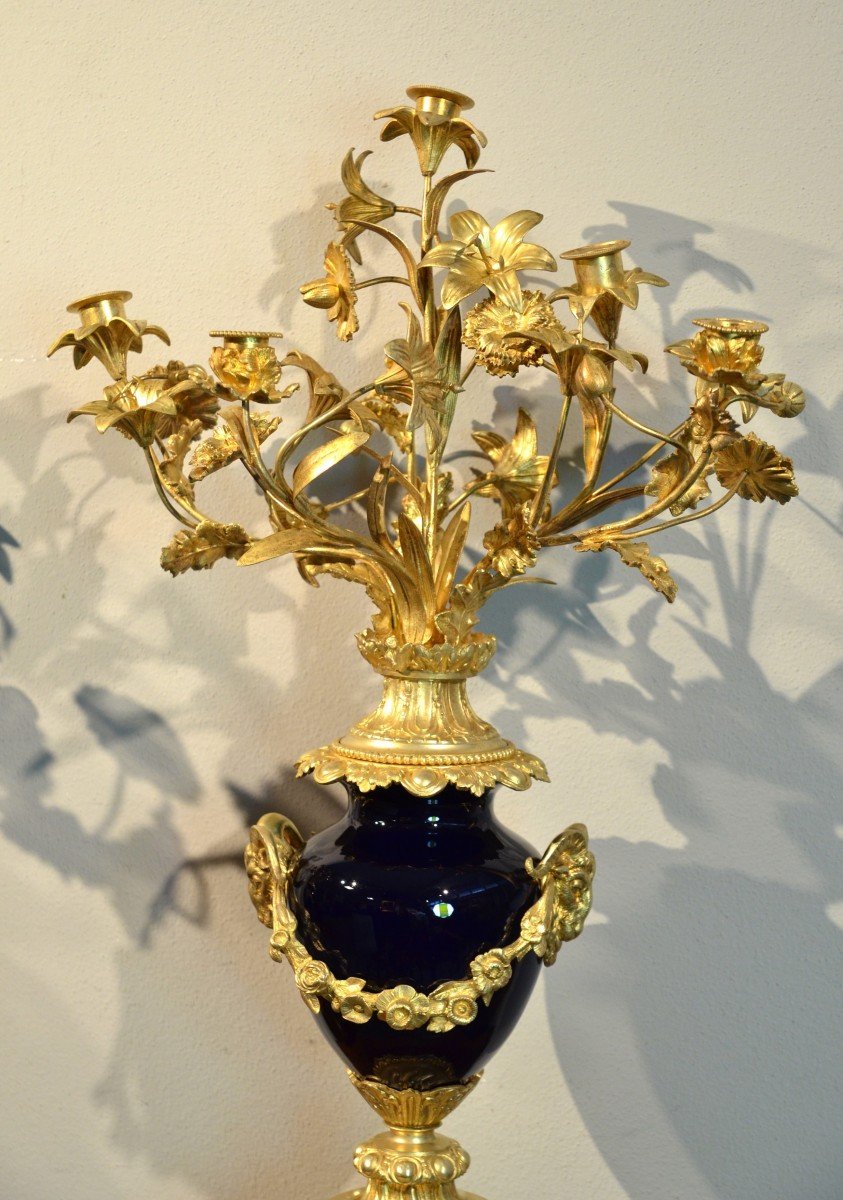 Pair Of Louis XVI Candelabra In Gilt Bronze And Blue Sèvres Porcelain, France 19th Century-photo-4