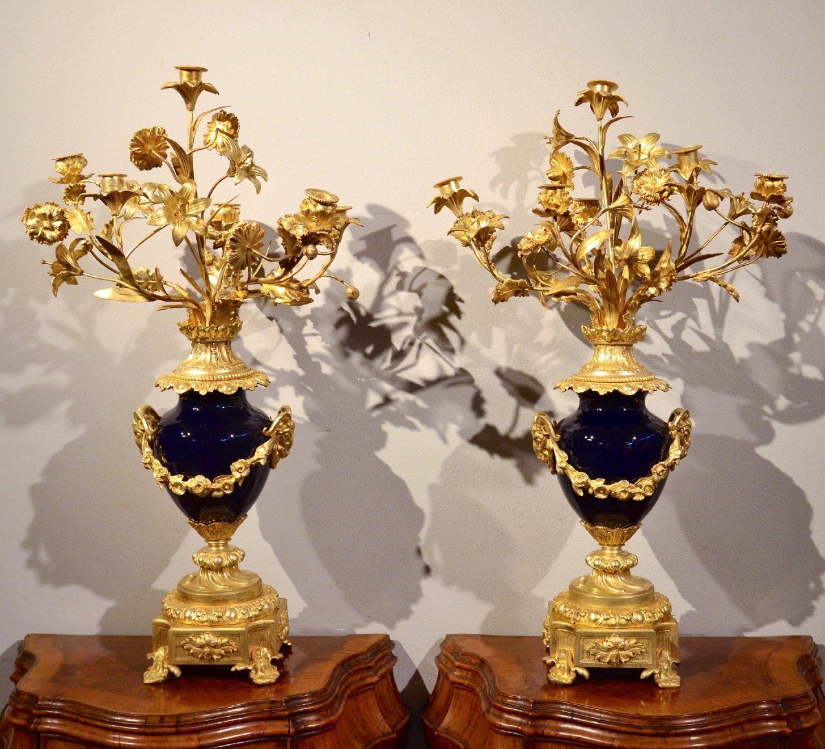 Pair Of Louis XVI Candelabra In Gilt Bronze And Blue Sèvres Porcelain, France 19th Century