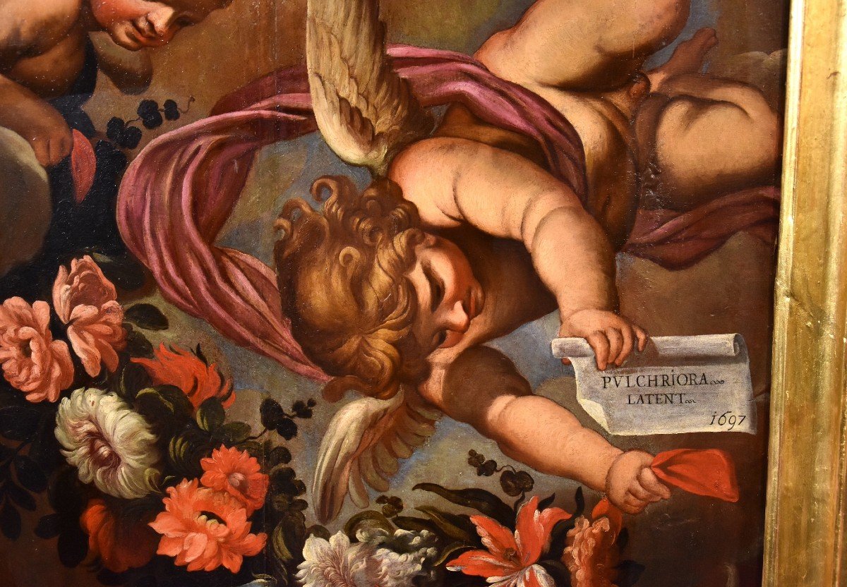 Pair Of Angels With Floral Garland, Carlo Maratta (camerano, 1625 - Rome, 1713) Workshop Of-photo-3