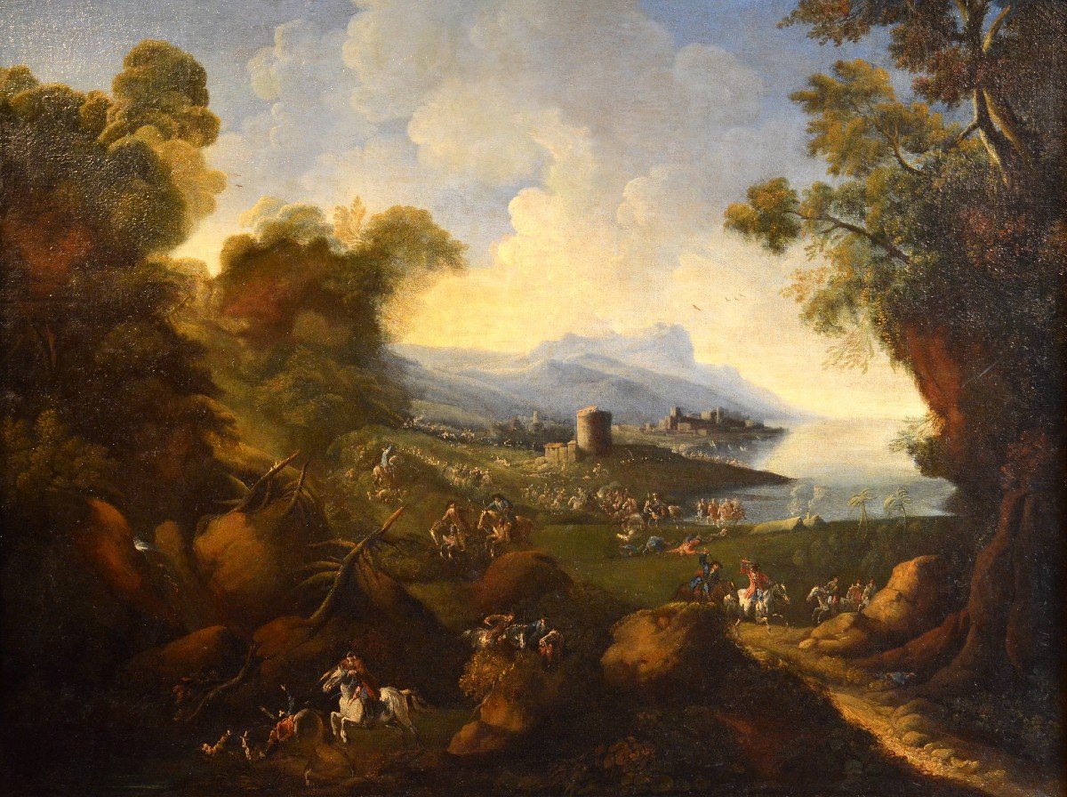 Pandolfo Reschi (1643 - 1699), Paysage Côtier Avec Ville Fortifiée