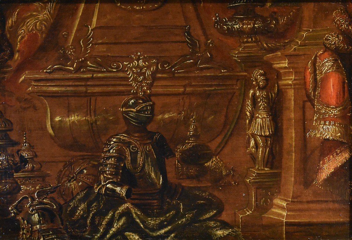 Antonio Tibaldi (Rome, 1635 - 1675 C.), Nature Morte Avec Armure, Rideaux Et Sculpture