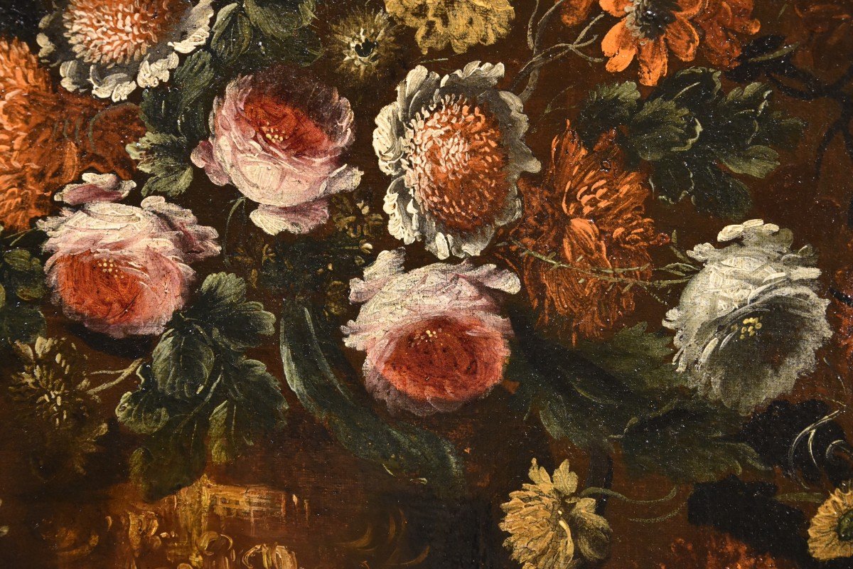 Andrea Scacciati (florence 1642-1710)  Composition Of Flowers Within Embossed Vase  (1 Of 3)-photo-5