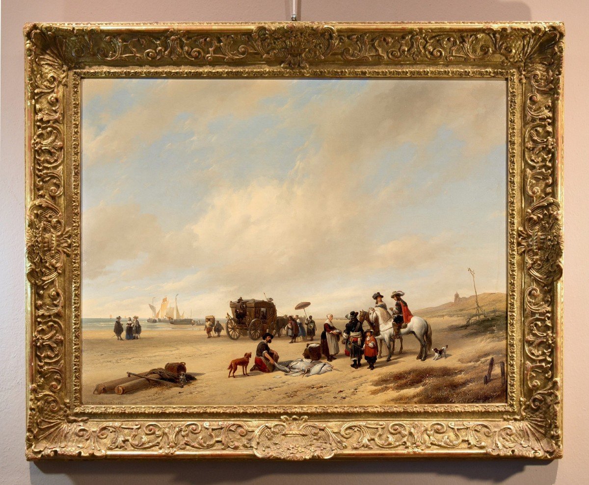 The Beach Of Scheveningen, Hubertus Van Hove (the Hague, 1814 - Antwerp, 1865) Signed-photo-2