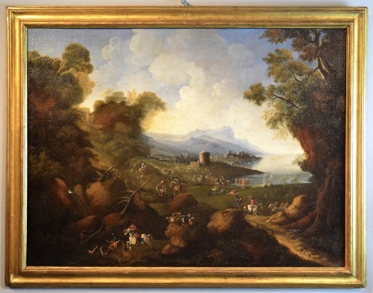 Pandolfo Reschi (1643 - 1699), Coastal Landscape With Fortified City, Castle And Battle-photo-2