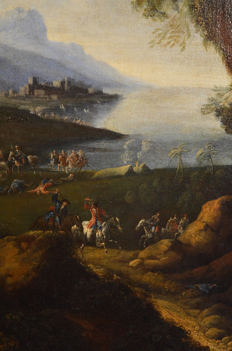 Pandolfo Reschi (1643 - 1699), Coastal Landscape With Fortified City, Castle And Battle-photo-4