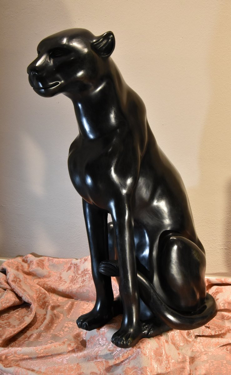 Large Black Panthers In Bronze (y. Mongnez), France 20th Century-photo-3