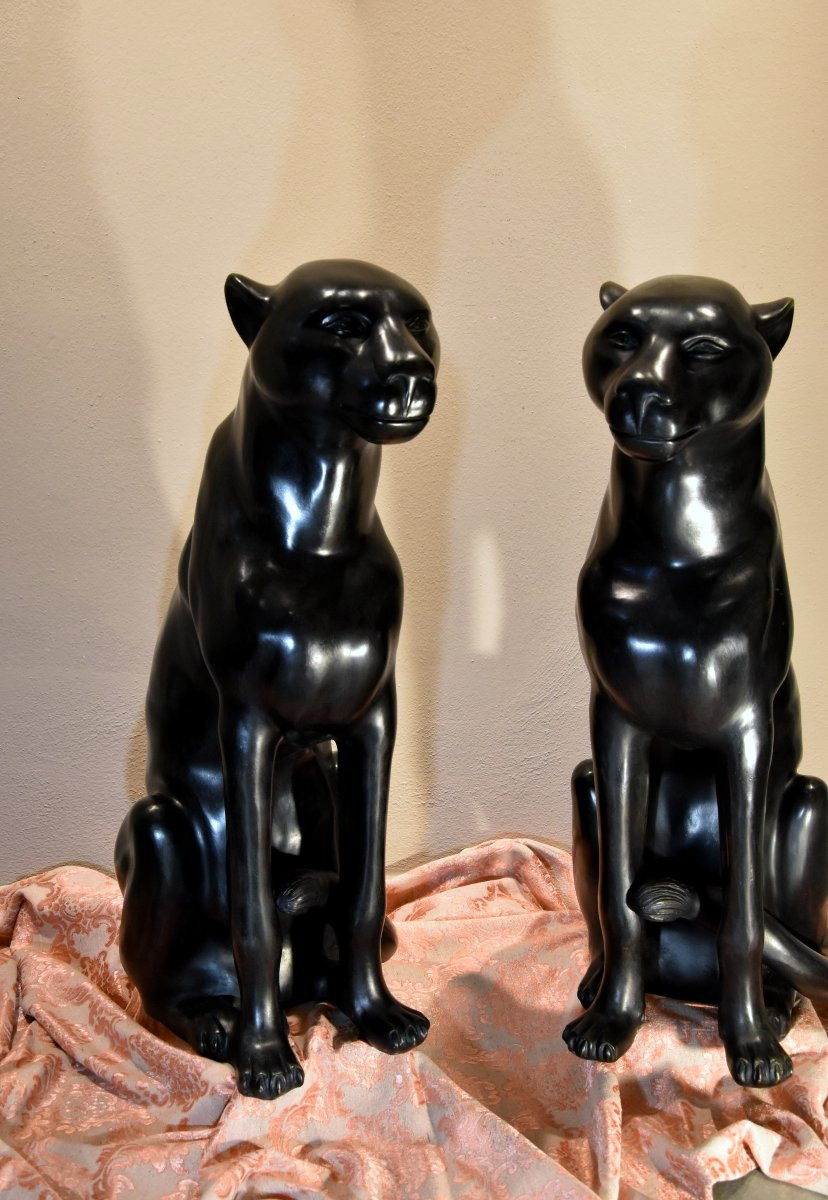 Large Black Panthers In Bronze (y. Mongnez), France 20th Century-photo-4