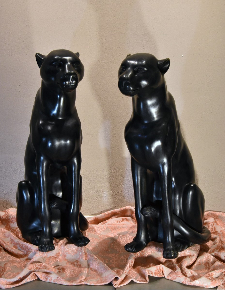 Large Black Panthers In Bronze (y. Mongnez), France 20th Century