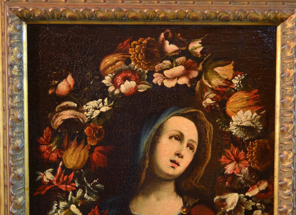 Giovanni Stanchi (rome 1608 - 1675) Workshop, Garland Of Flowers With The Virgin-photo-3