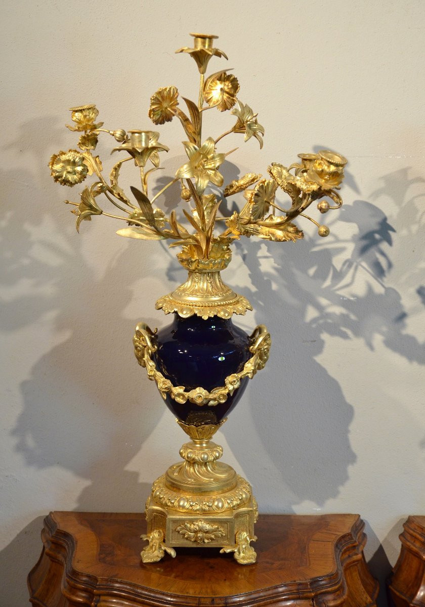 Paire De Candélabres Louis XVI En Bronze Doré Et Porcelaine Sèvres Bleue, France 19ème Siècle-photo-2