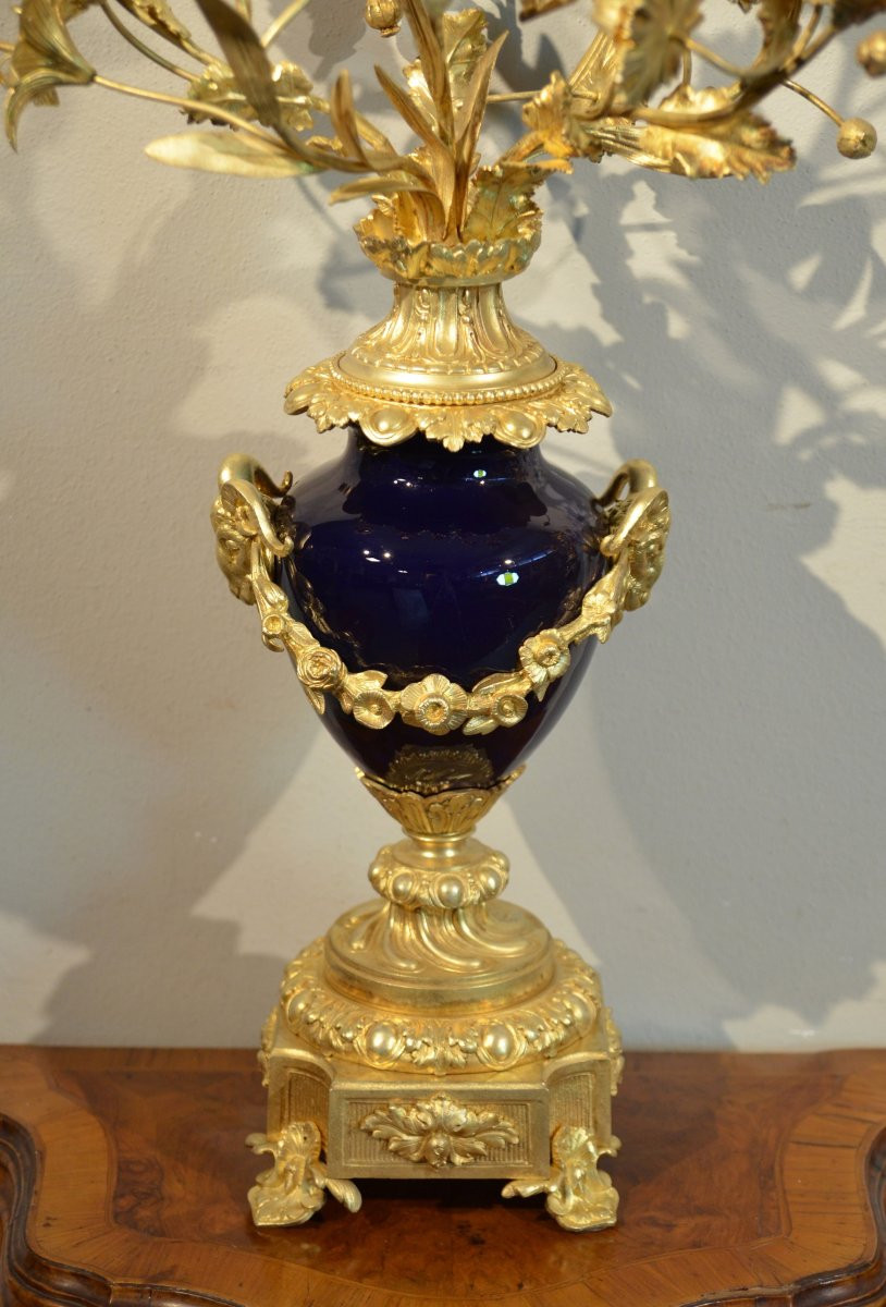 Paire De Candélabres Louis XVI En Bronze Doré Et Porcelaine Sèvres Bleue, France 19ème Siècle-photo-3