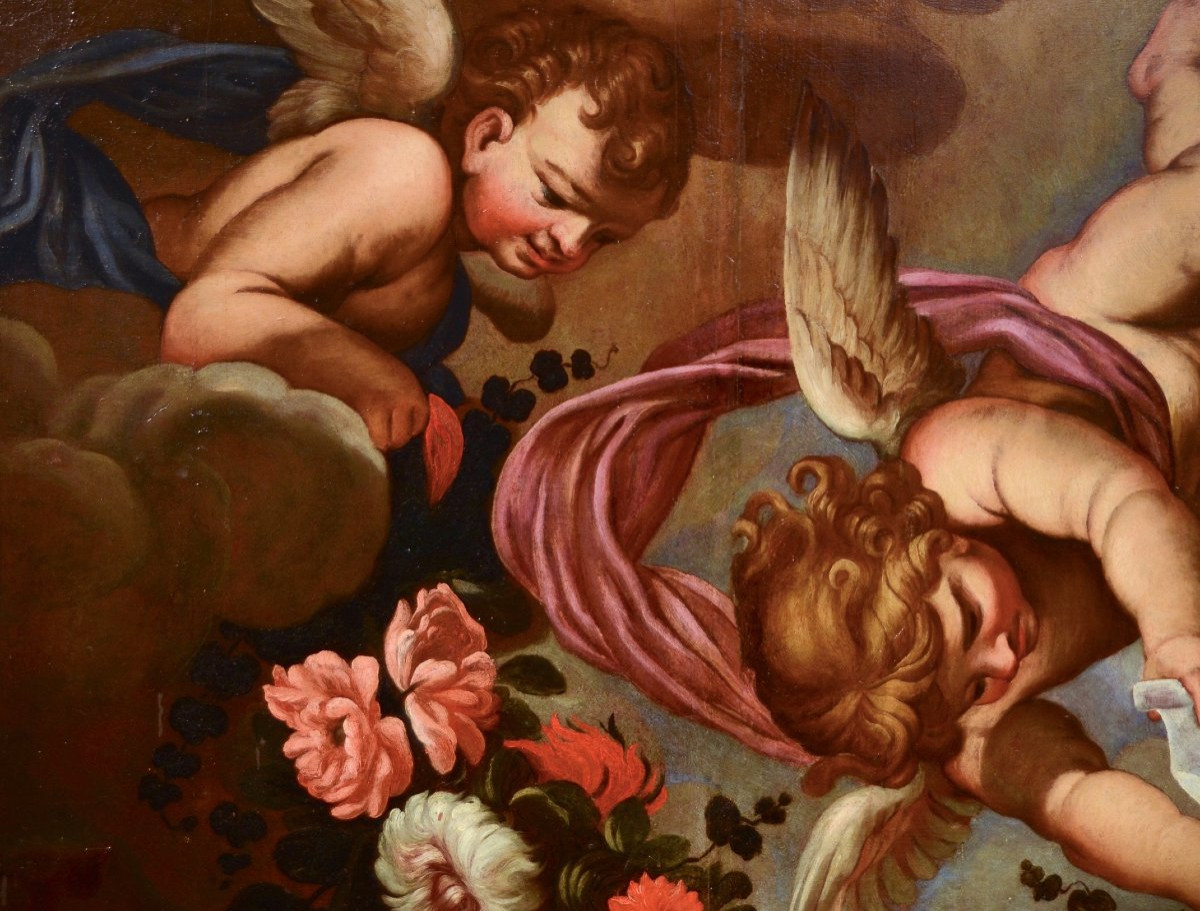 Paire d'Anges à Guirlande Florale, Carlo Maratta (camerano, 1625 - Rome, 1713) Atelier De-photo-6