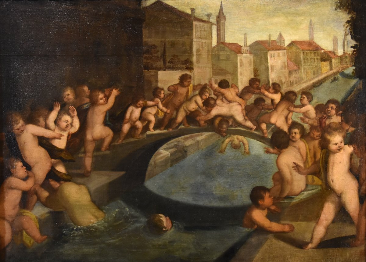 Tiziano Vecellio (1490 - 1576) Atelier, Lutte entre angelots sur le pont des Poings à Venise-photo-2