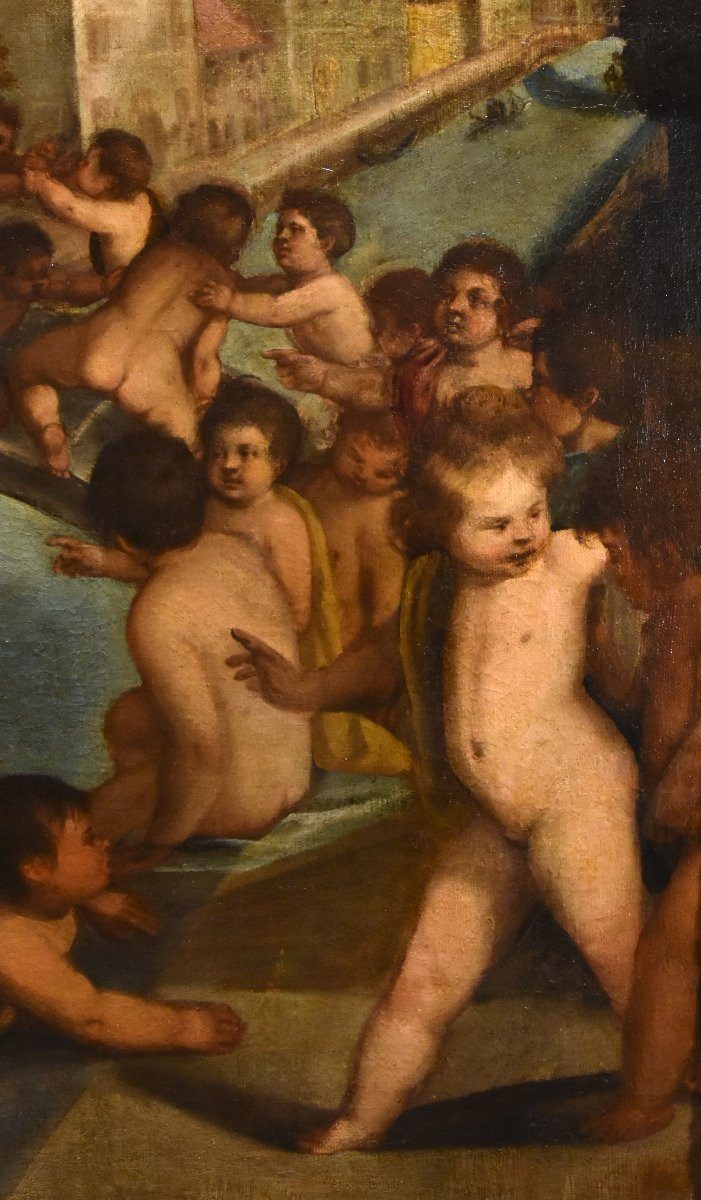 Tiziano Vecellio (1490 - 1576) Atelier, Lutte entre angelots sur le pont des Poings à Venise-photo-4