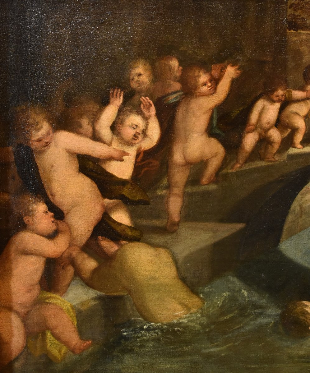 Tiziano Vecellio (1490 - 1576) Atelier, Lutte entre angelots sur le pont des Poings à Venise-photo-1