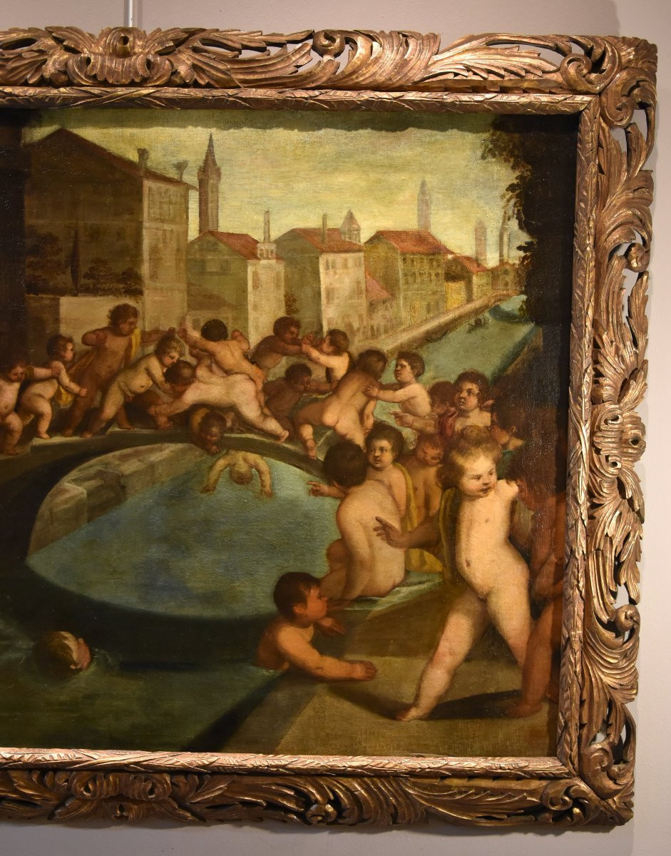 Tiziano Vecellio (1490 - 1576) Atelier, Lutte entre angelots sur le pont des Poings à Venise-photo-2