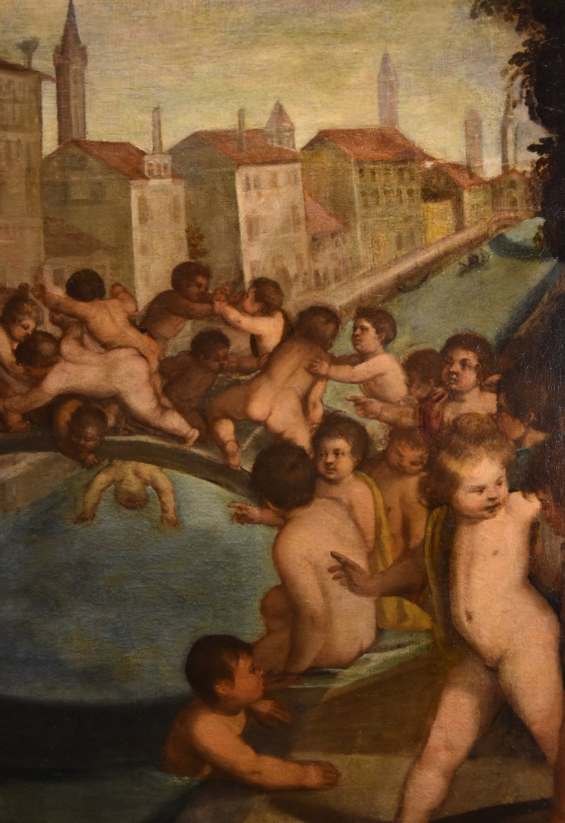 Tiziano Vecellio (1490 - 1576) Atelier, Lutte entre angelots sur le pont des Poings à Venise-photo-3