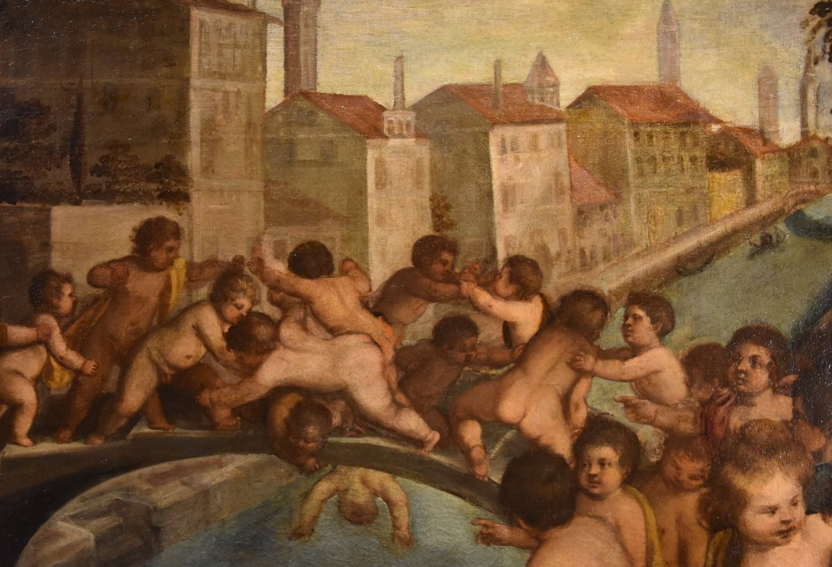 Tiziano Vecellio (1490 - 1576) Atelier, Lutte entre angelots sur le pont des Poings à Venise-photo-4