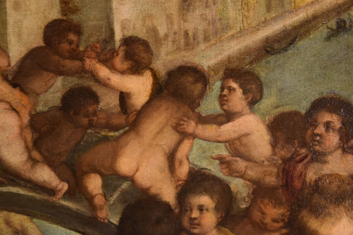 Tiziano Vecellio (1490 - 1576) Atelier, Lutte entre angelots sur le pont des Poings à Venise-photo-6