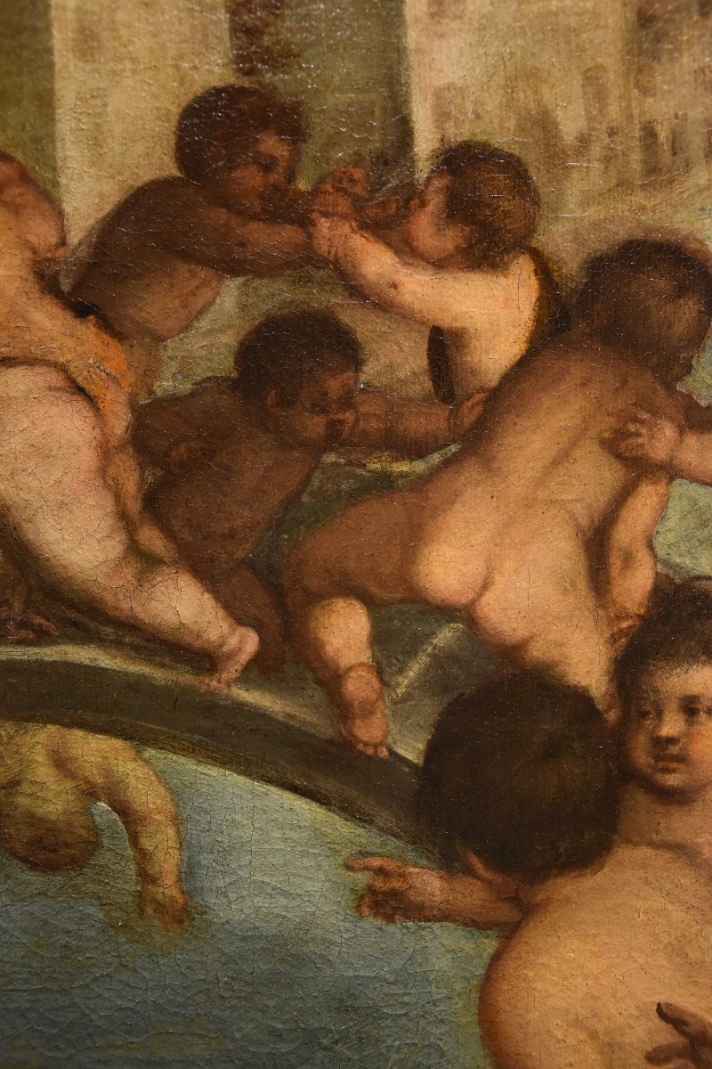 Tiziano Vecellio (1490 - 1576) Atelier, Lutte entre angelots sur le pont des Poings à Venise-photo-7