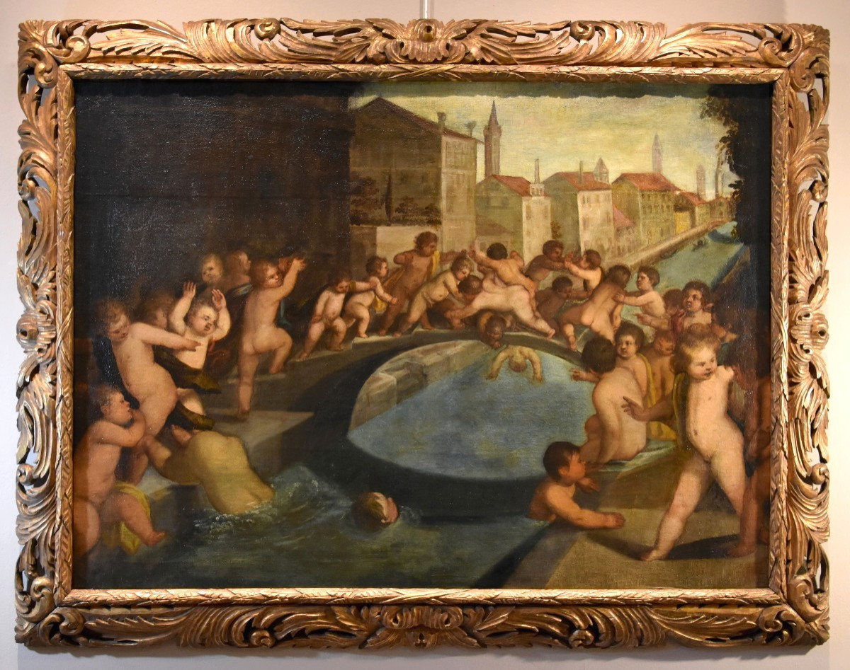 Tiziano Vecellio (1490 - 1576) Atelier, Lutte entre angelots sur le pont des Poings à Venise